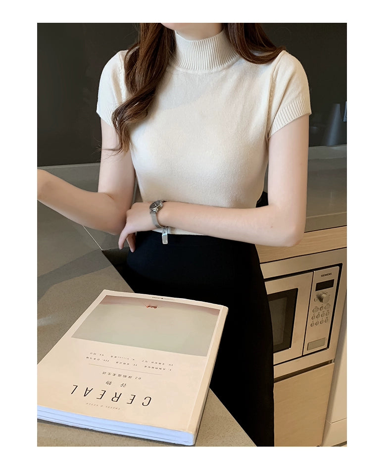 Blusa informal de punto coreana para mujer, blusa de cuello alto ajustada lisa, primavera y verano, 8622