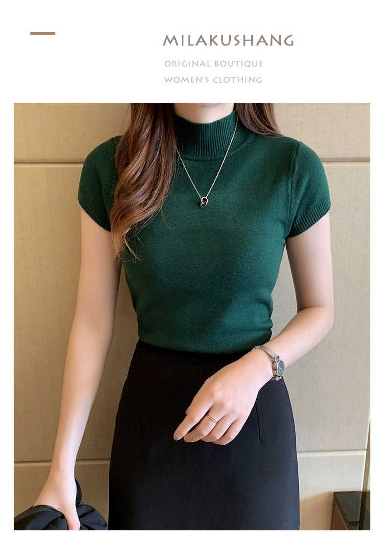 Blusa informal de punto coreana para mujer, blusa de cuello alto ajustada lisa, primavera y verano, 8622