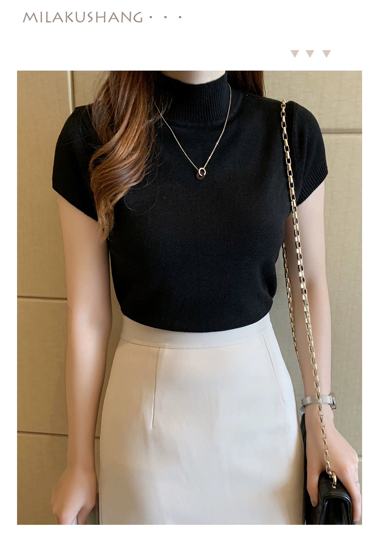 Blusa informal de punto coreana para mujer, blusa de cuello alto ajustada lisa, primavera y verano, 8622