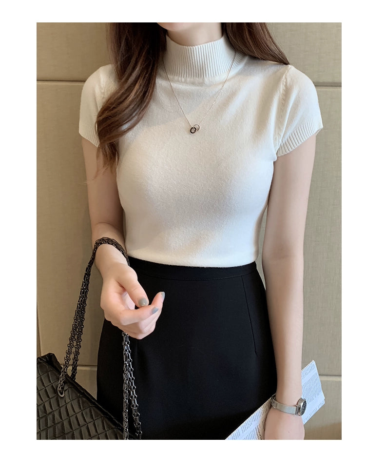Blusa informal de punto coreana para mujer, blusa de cuello alto ajustada lisa, primavera y verano, 8622