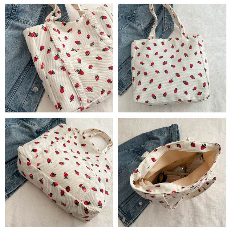 Bolso de pana con diseño de fresas, bolso de playa, moderno y versátil, bolso de hombro de gran capacidad, bolso de mano sencillo para mujer.