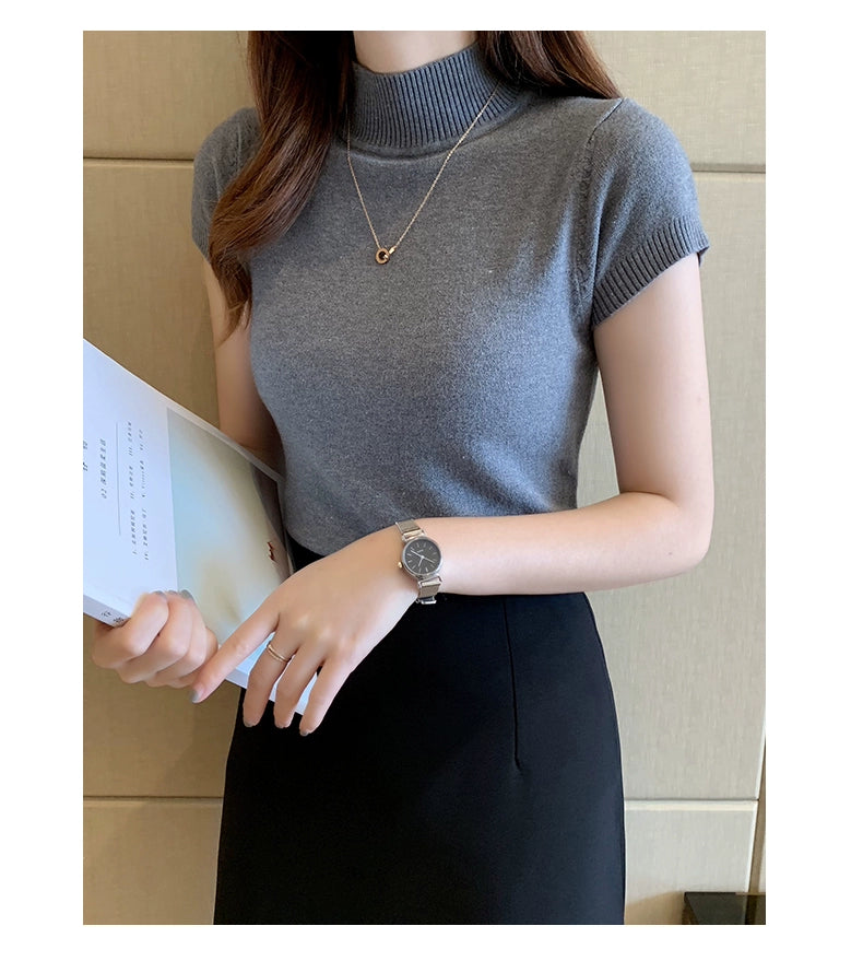 Blusa informal de punto coreana para mujer, blusa de cuello alto ajustada lisa, primavera y verano, 8622