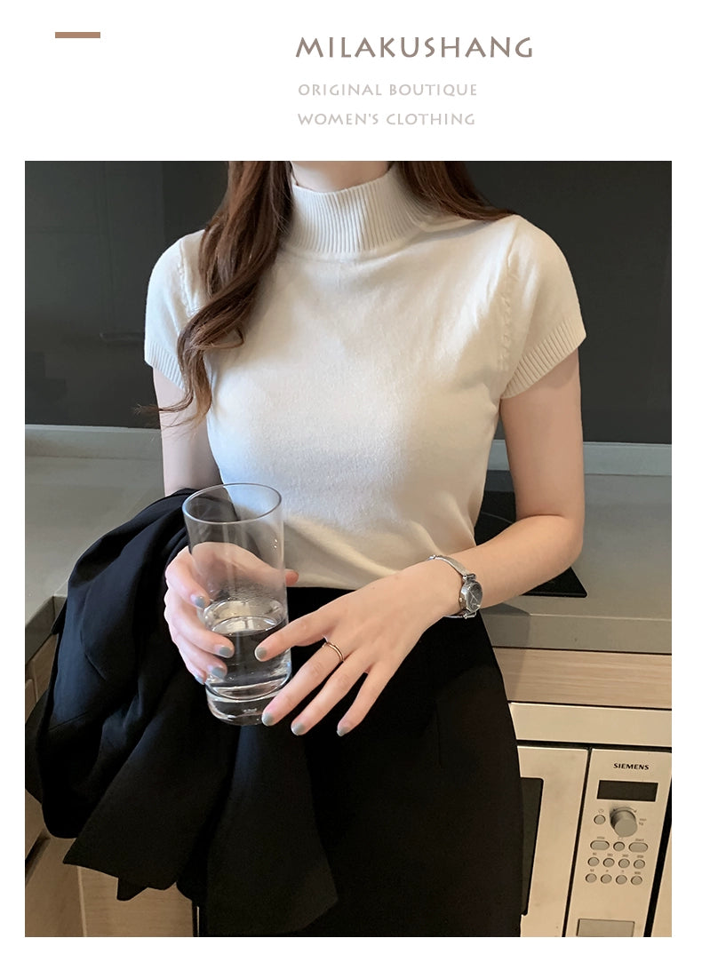 Blusa informal de punto coreana para mujer, blusa de cuello alto ajustada lisa, primavera y verano, 8622