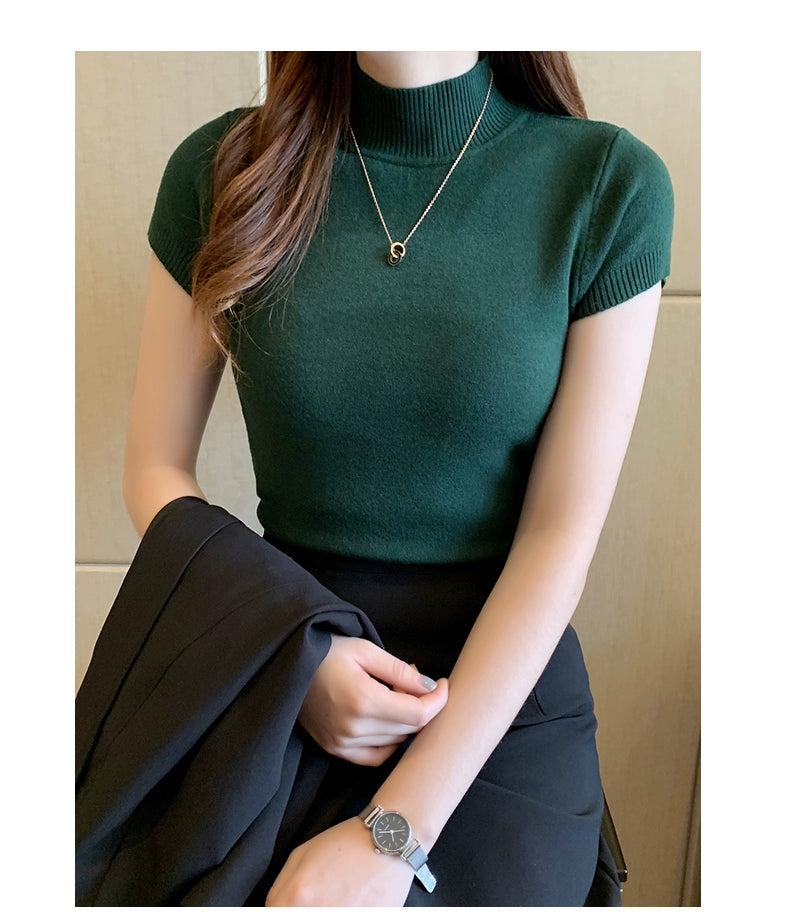 Blusa informal de punto coreana para mujer, blusa de cuello alto ajustada lisa, primavera y verano, 8622