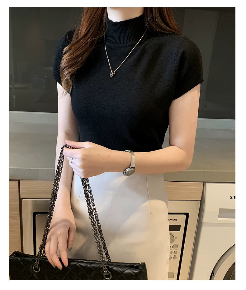 Blusa informal de punto coreana para mujer, blusa de cuello alto ajustada lisa, primavera y verano, 8622
