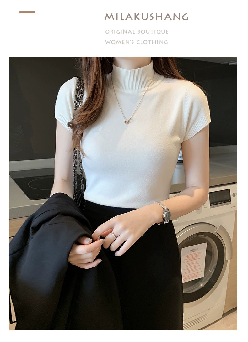 Blusa informal de punto coreana para mujer, blusa de cuello alto ajustada lisa, primavera y verano, 8622