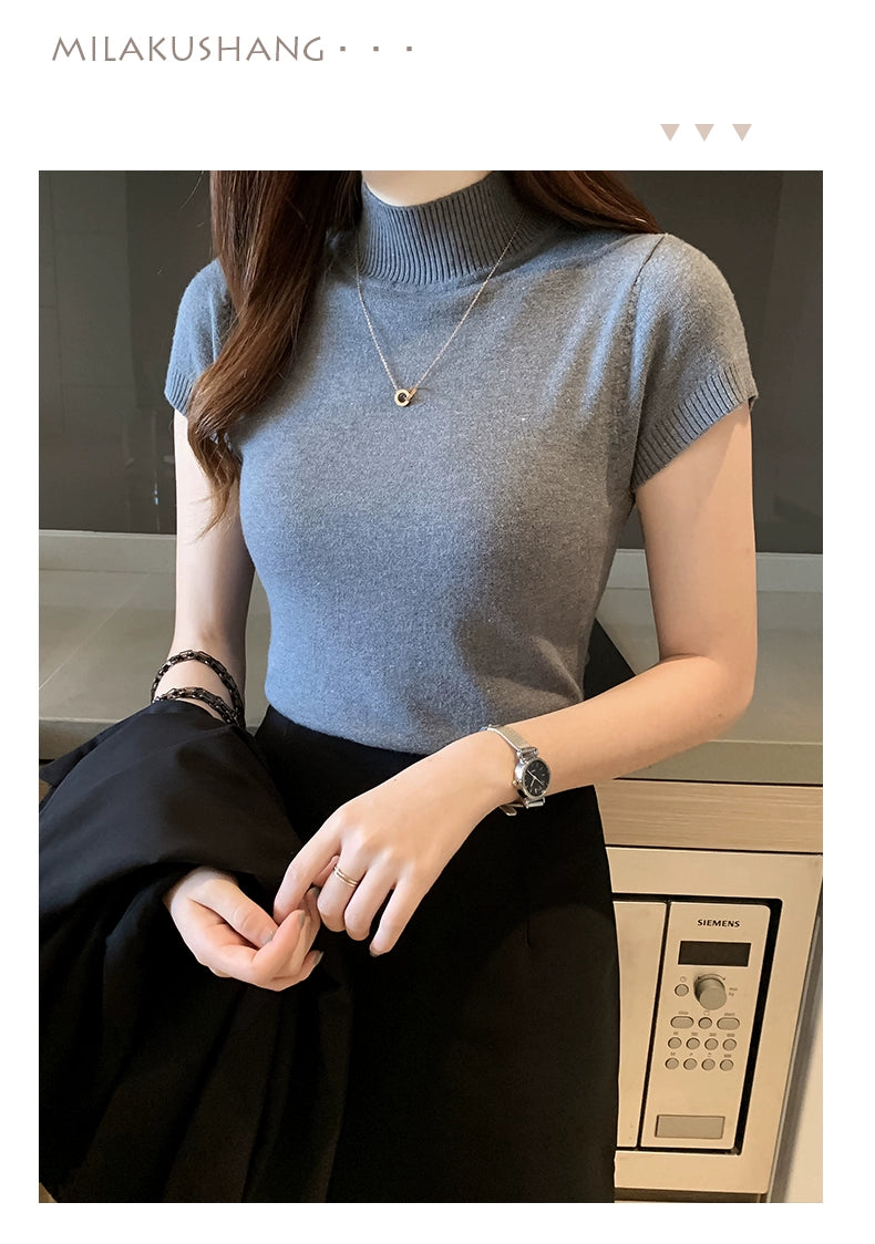 Blusa informal de punto coreana para mujer, blusa de cuello alto ajustada lisa, primavera y verano, 8622