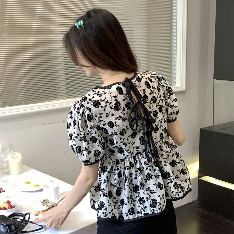 Ropa de mujer, elegantes camisas con cordón, estilo francés, vintage, flores rotas, verano, dulce, manga corta, elegante blusa de cintura.