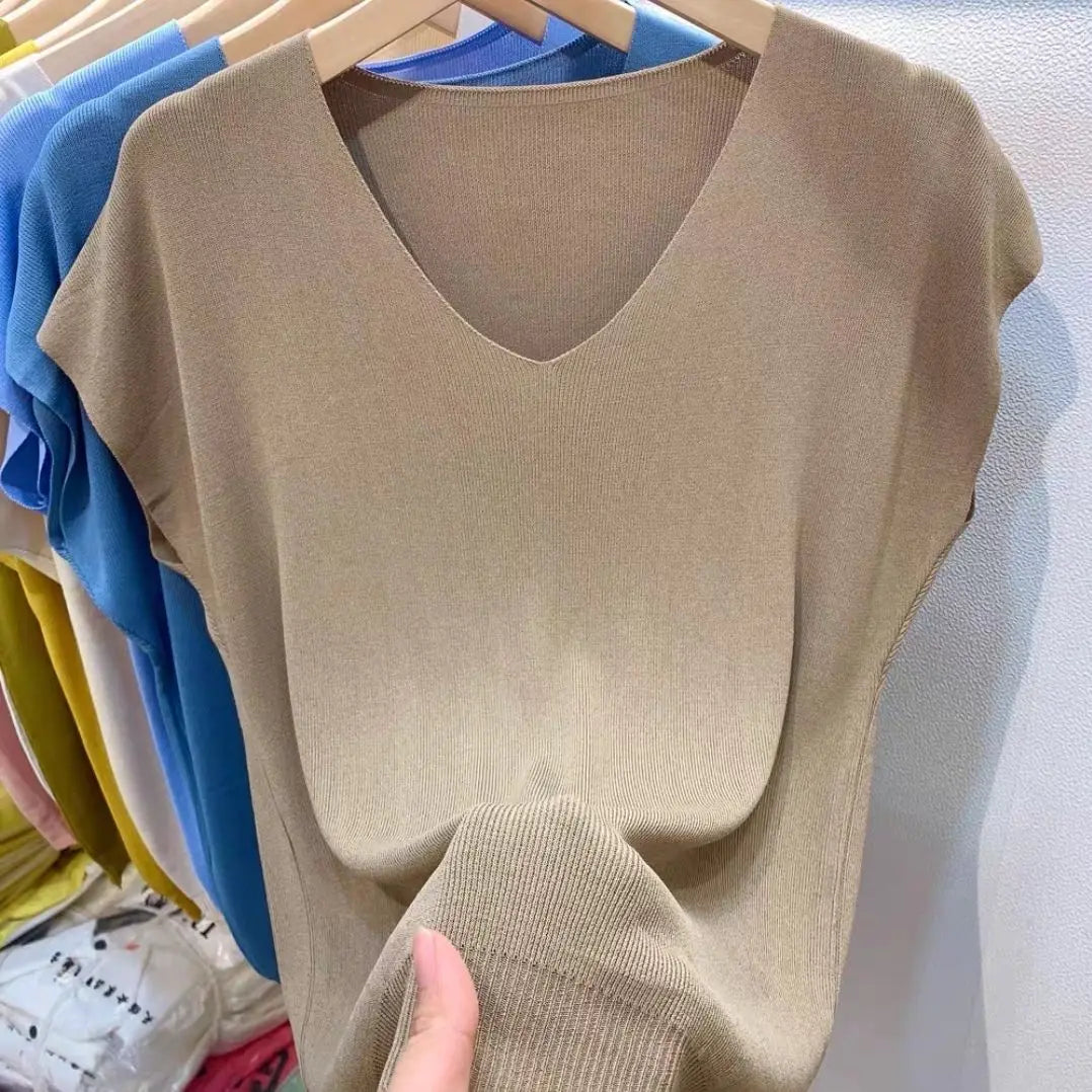Women Clothing Summer Fashion Simple Short Sleeve Ice Silk Thin Knitted T-shirt Casual Commute Solid V Neck Loose Pullover Tops