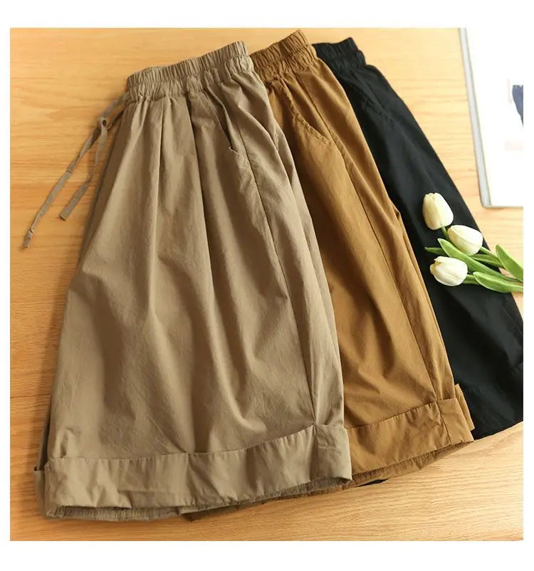 Pantalones cortos de playa sencillos de cintura alta elástica de estilo japonés para mujer, ropa de calle informal, holgados, de pierna ancha y hasta la rodilla