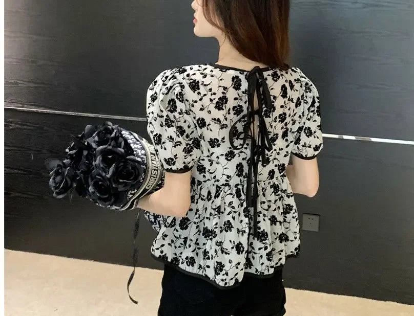 Ropa de mujer, elegantes camisas con cordón, estilo francés, vintage, flores rotas, verano, dulce, manga corta, elegante blusa de cintura.