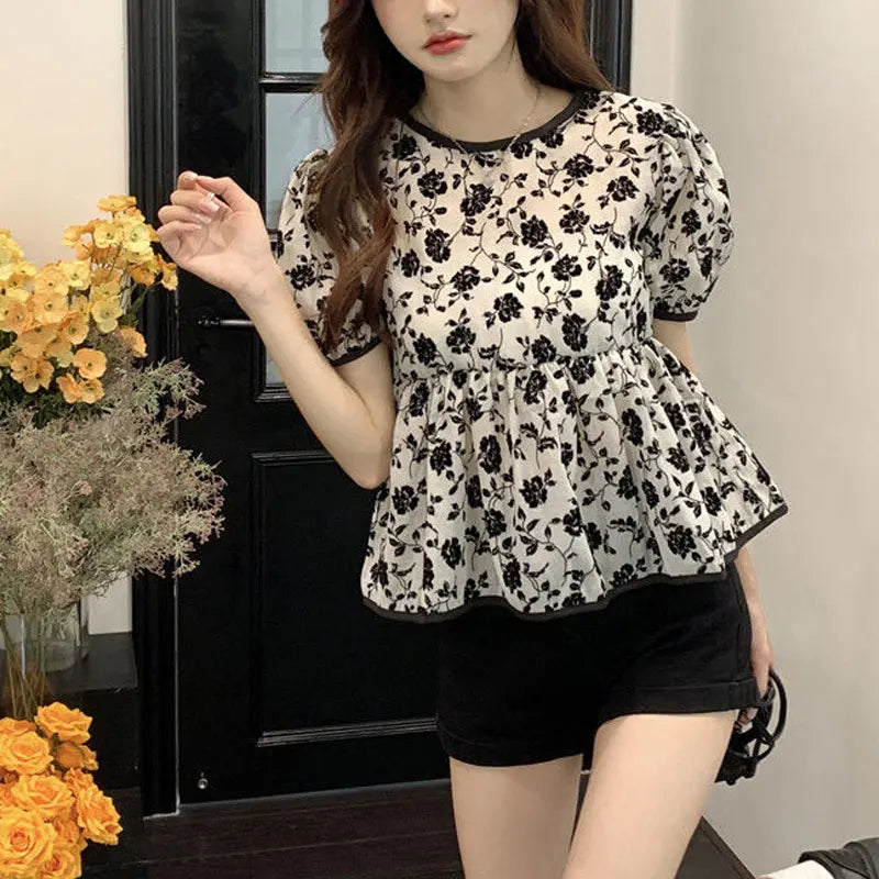 Ropa de mujer, elegantes camisas con cordón, estilo francés, vintage, flores rotas, verano, dulce, manga corta, elegante blusa de cintura.