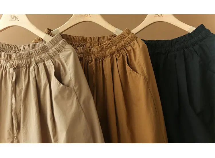 Pantalones cortos de playa sencillos de cintura alta elástica de estilo japonés para mujer, ropa de calle informal, holgados, de pierna ancha y hasta la rodilla