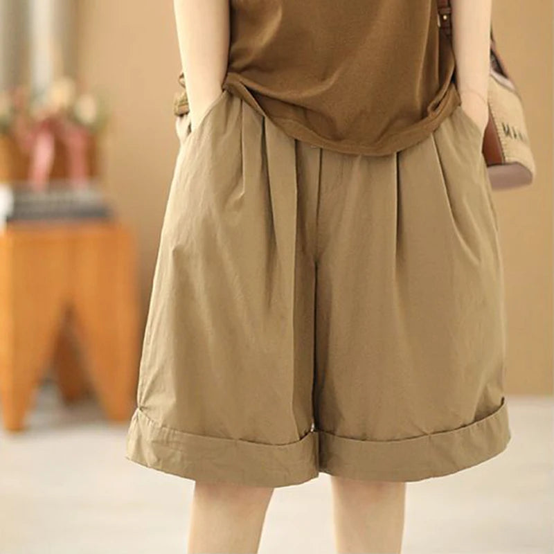 Pantalones cortos de playa sencillos de cintura alta elástica de estilo japonés para mujer, ropa de calle informal, holgados, de pierna ancha y hasta la rodilla