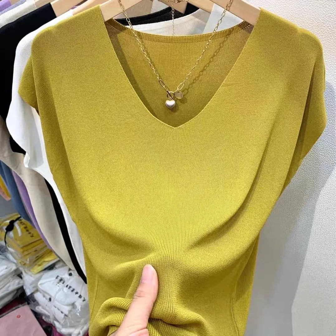 Women Clothing Summer Fashion Simple Short Sleeve Ice Silk Thin Knitted T-shirt Casual Commute Solid V Neck Loose Pullover Tops