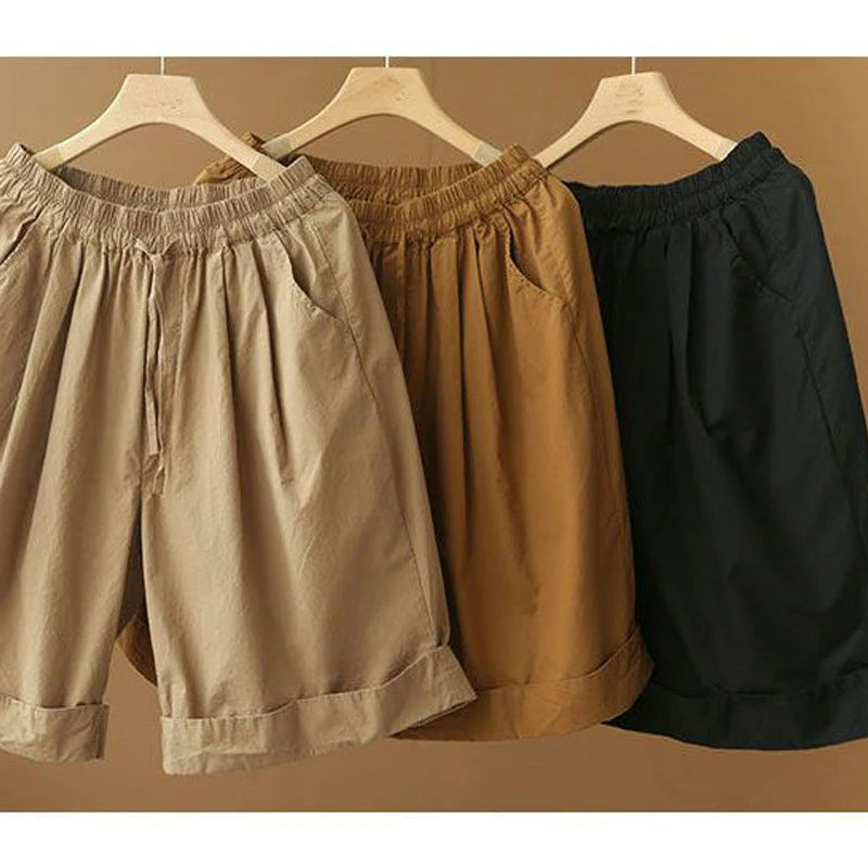Pantalones cortos de playa sencillos de cintura alta elástica de estilo japonés para mujer, ropa de calle informal, holgados, de pierna ancha y hasta la rodilla