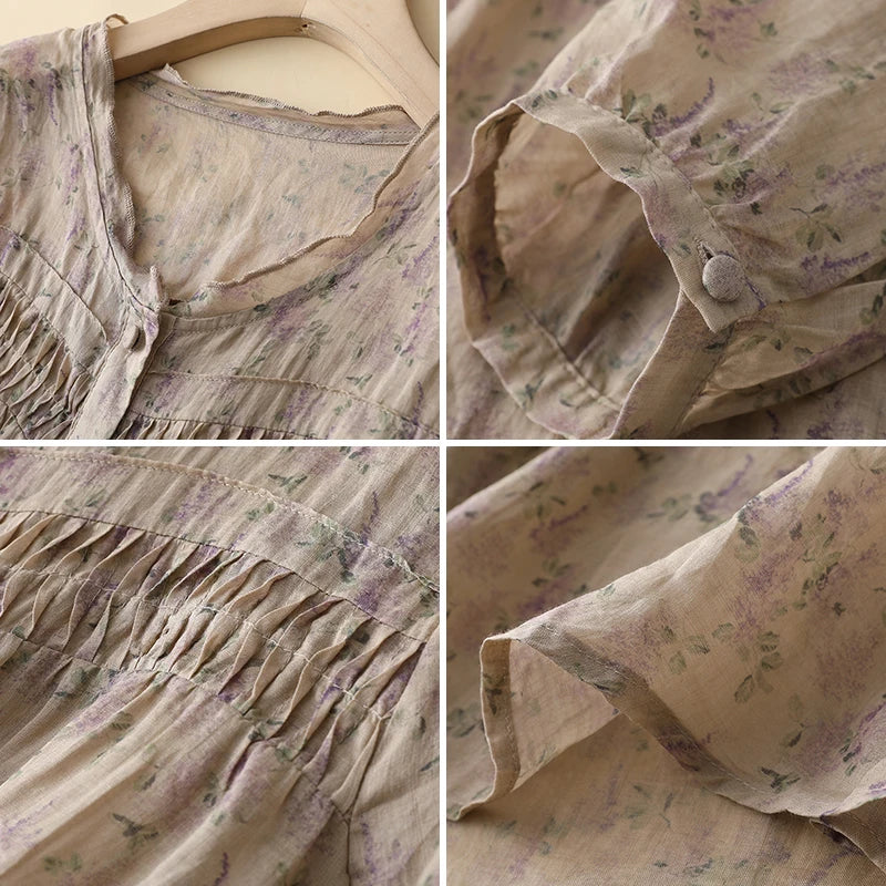 Blusas de estilo chino para mujer, de lino y algodón, de manga corta, holgadas y estampadas, ropa vintage para mujer, de verano, nuevas.