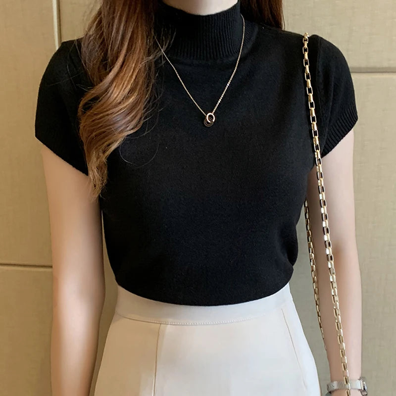 Blusa informal de punto coreana para mujer, blusa de cuello alto ajustada lisa, primavera y verano, 8622