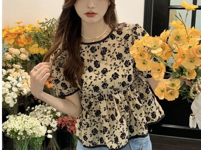 Ropa de mujer, elegantes camisas con cordón, estilo francés, vintage, flores rotas, verano, dulce, manga corta, elegante blusa de cintura.