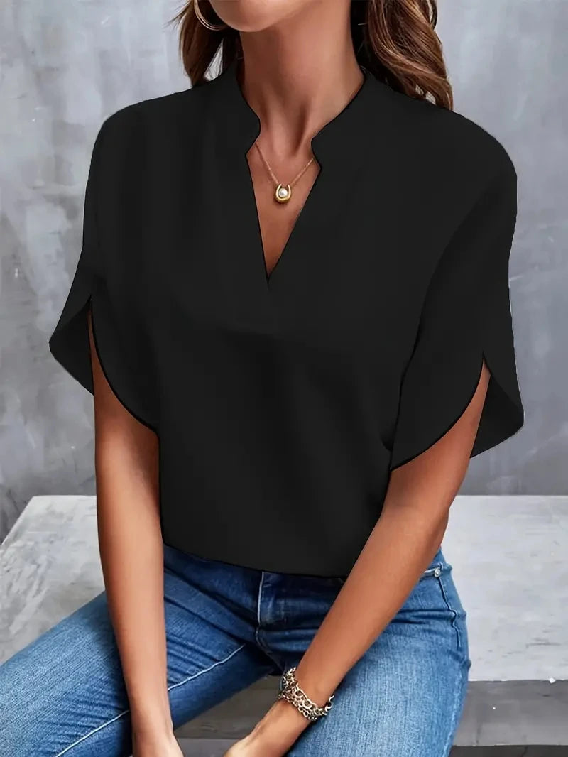 Blusa elegante de gasa lisa para mujer, blusa informal de primavera y verano con cuello en V y manga larga, blusa holgada para oficina, blusas extragrandes 2024