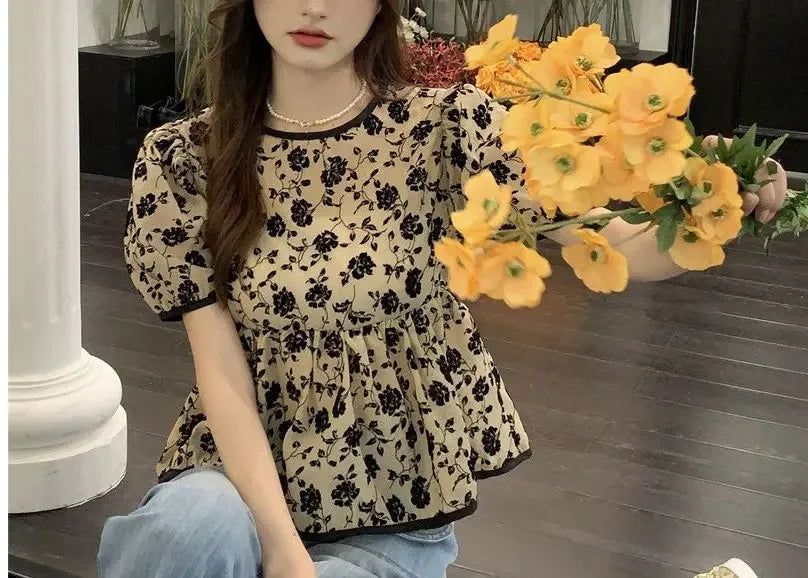 Ropa de mujer, elegantes camisas con cordón, estilo francés, vintage, flores rotas, verano, dulce, manga corta, elegante blusa de cintura.