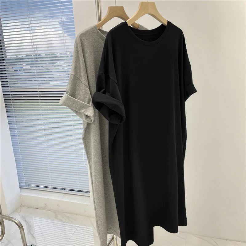 Women's Clothing Solid Dress Short Sleeve Casual Loose Pullover Tunic Summer Comfortable Simple Straight Dresses