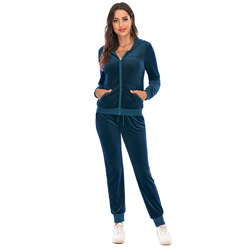 Women's Clothes Autumn Long Sleeve Tops with Pants Loungewear Hooded Zipper With Pockets Warm Velvet Female Clothing Coat Suits