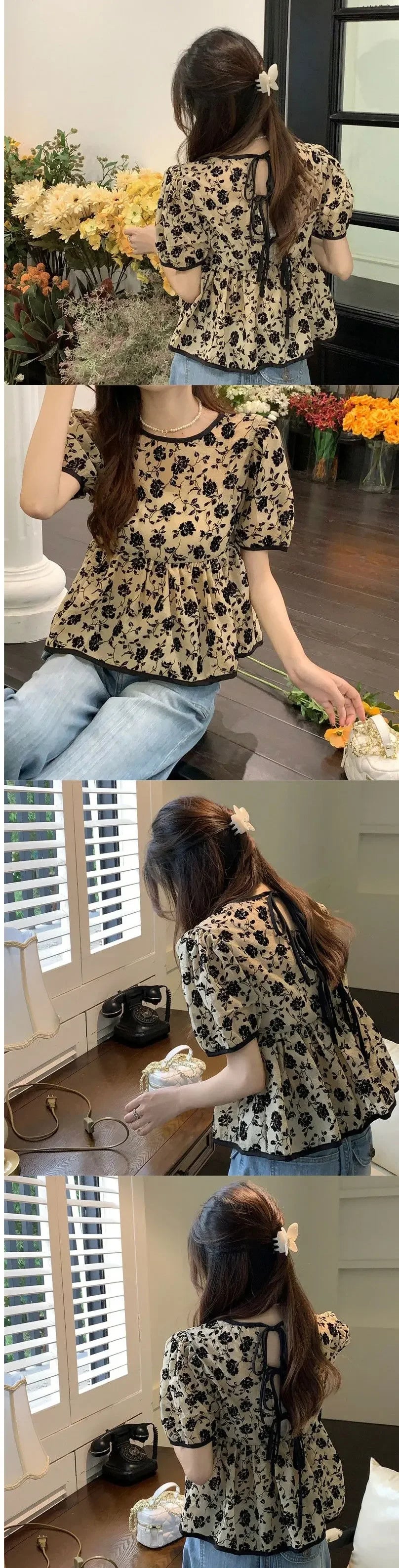 Ropa de mujer, elegantes camisas con cordón, estilo francés, vintage, flores rotas, verano, dulce, manga corta, elegante blusa de cintura.