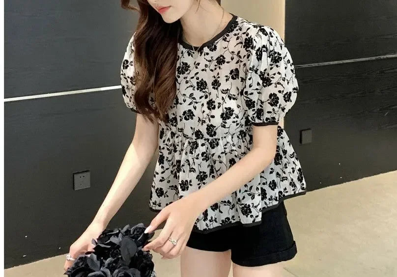 Ropa de mujer, elegantes camisas con cordón, estilo francés, vintage, flores rotas, verano, dulce, manga corta, elegante blusa de cintura.