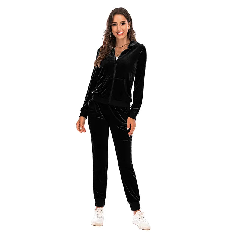 Women's Clothes Autumn Long Sleeve Tops with Pants Loungewear Hooded Zipper With Pockets Warm Velvet Female Clothing Coat Suits