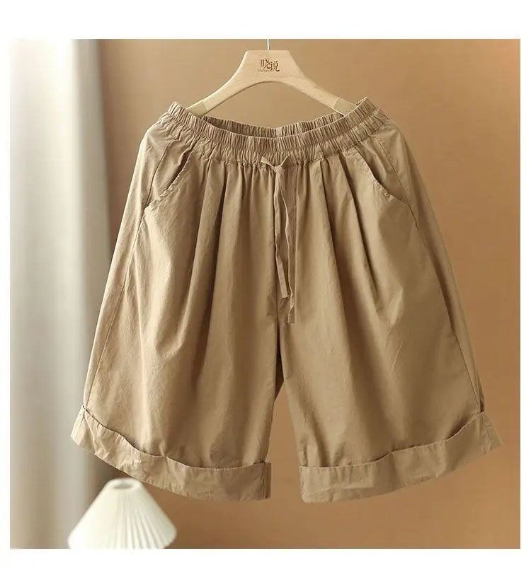 Pantalones cortos de playa sencillos de cintura alta elástica de estilo japonés para mujer, ropa de calle informal, holgados, de pierna ancha y hasta la rodilla