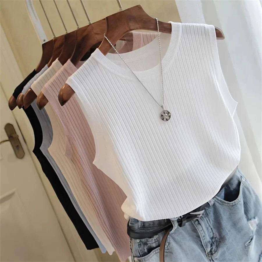 Blusa de verano sin mangas para mujer, blusa de punto con cuello redondo, ropa para mujer, tops para mujer