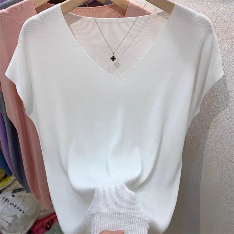 Women Clothing Summer Fashion Simple Short Sleeve Ice Silk Thin Knitted T-shirt Casual Commute Solid V Neck Loose Pullover Tops