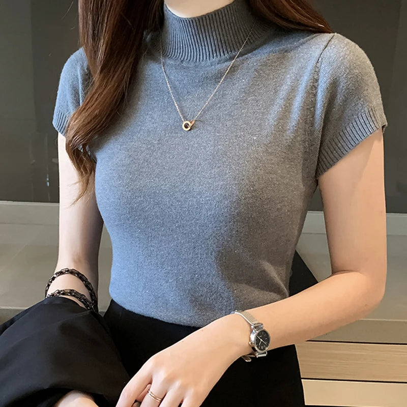 Blusa informal de punto coreana para mujer, blusa de cuello alto ajustada lisa, primavera y verano, 8622