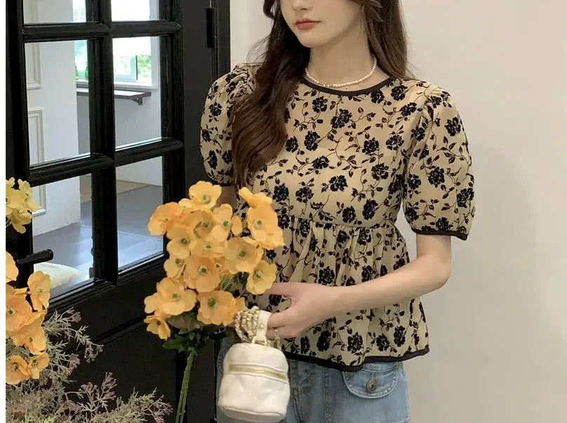 Ropa de mujer, elegantes camisas con cordón, estilo francés, vintage, flores rotas, verano, dulce, manga corta, elegante blusa de cintura.