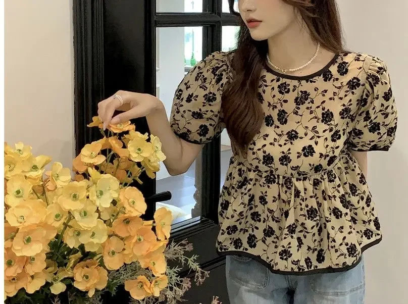 Ropa de mujer, elegantes camisas con cordón, estilo francés, vintage, flores rotas, verano, dulce, manga corta, elegante blusa de cintura.
