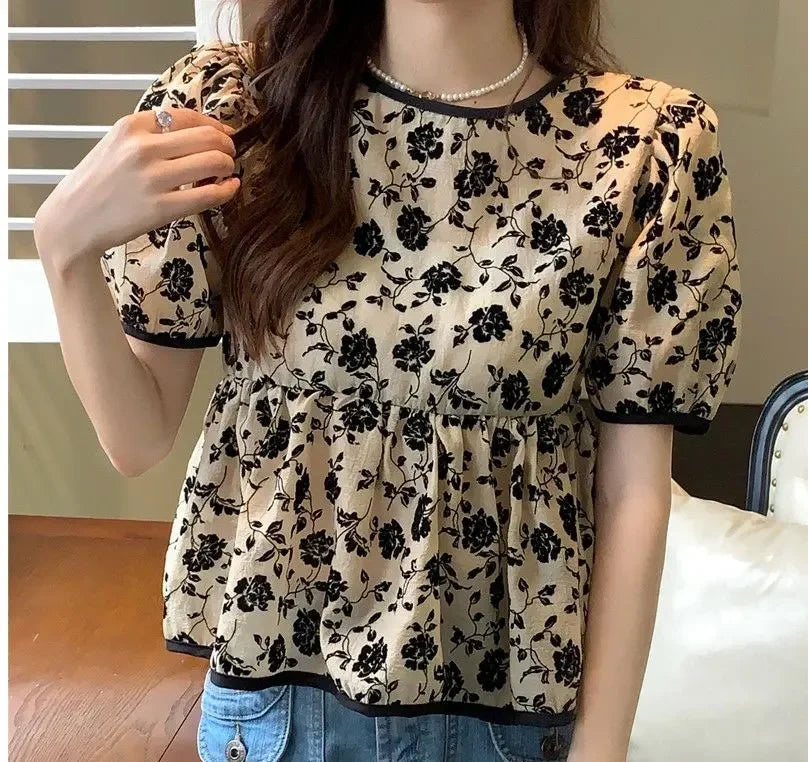 Ropa de mujer, elegantes camisas con cordón, estilo francés, vintage, flores rotas, verano, dulce, manga corta, elegante blusa de cintura.
