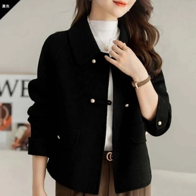 Women Clothing Autumn Winter Korean Fashion Luxury Chic Woolen Coat Retro Elegant Single Breasted Jackets Solid Loose Outerwears