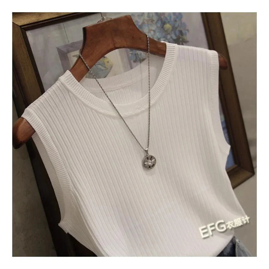 Blusa de verano sin mangas para mujer, blusa de punto con cuello redondo, ropa para mujer, tops para mujer