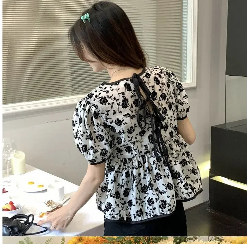 Ropa de mujer, elegantes camisas con cordón, estilo francés, vintage, flores rotas, verano, dulce, manga corta, elegante blusa de cintura.