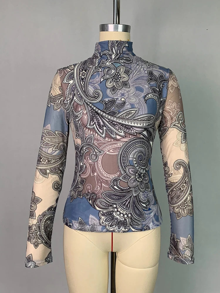 Women's Clothes High Neck T-Shirts New Flower Printed Skinny Long Sleeves Base Layer Tops for Female Autumn Winter