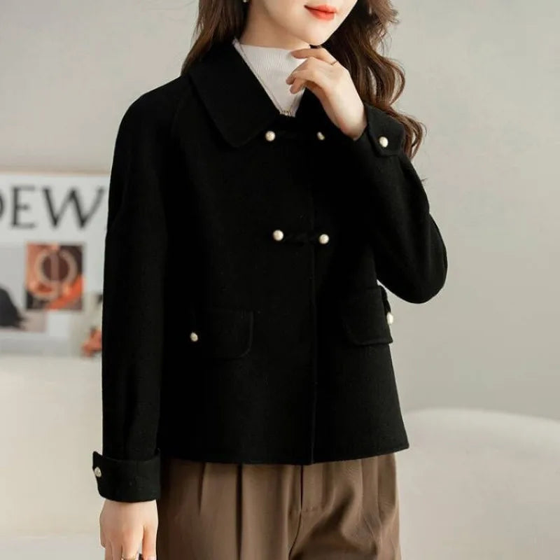 Women Clothing Autumn Winter Korean Fashion Luxury Chic Woolen Coat Retro Elegant Single Breasted Jackets Solid Loose Outerwears