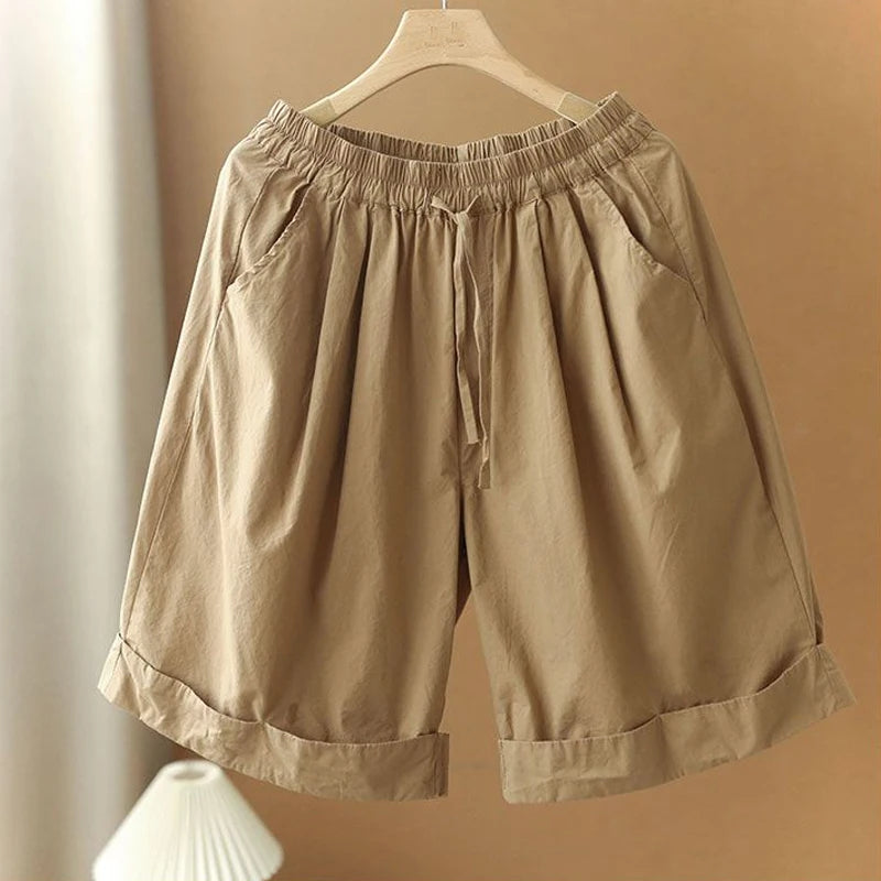 Pantalones cortos de playa sencillos de cintura alta elástica de estilo japonés para mujer, ropa de calle informal, holgados, de pierna ancha y hasta la rodilla