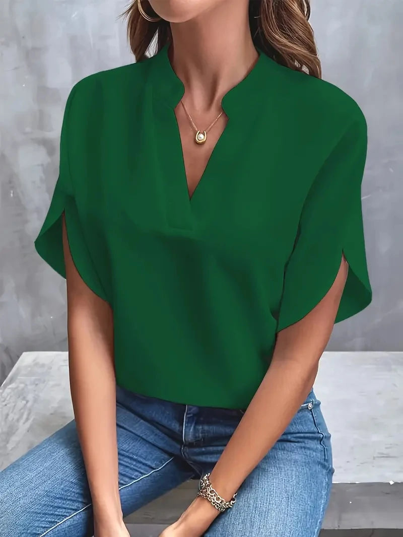Blusa elegante de gasa lisa para mujer, blusa informal de primavera y verano con cuello en V y manga larga, blusa holgada para oficina, blusas extragrandes 2024