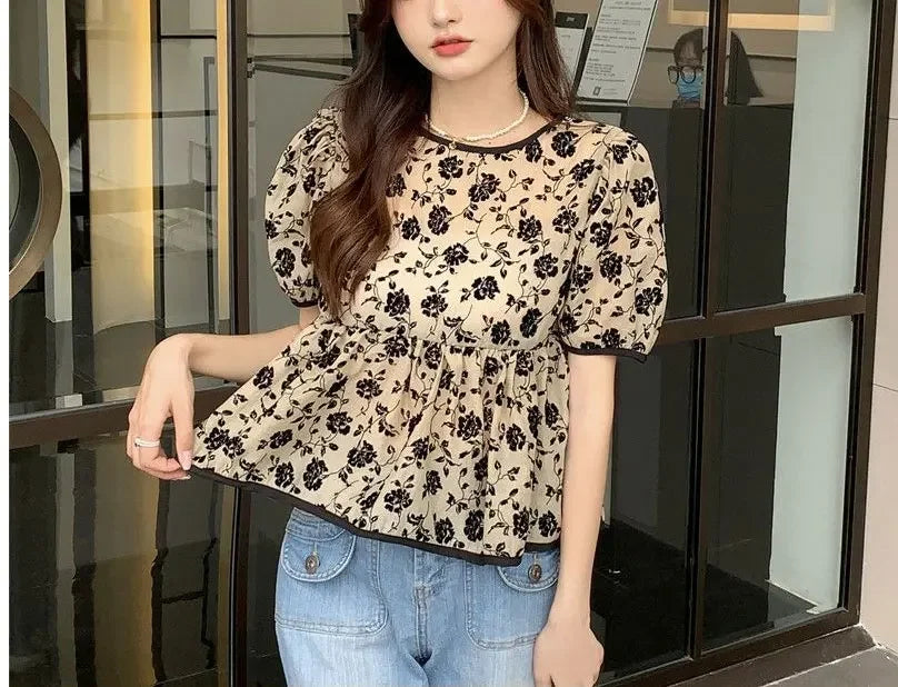 Ropa de mujer, elegantes camisas con cordón, estilo francés, vintage, flores rotas, verano, dulce, manga corta, elegante blusa de cintura.