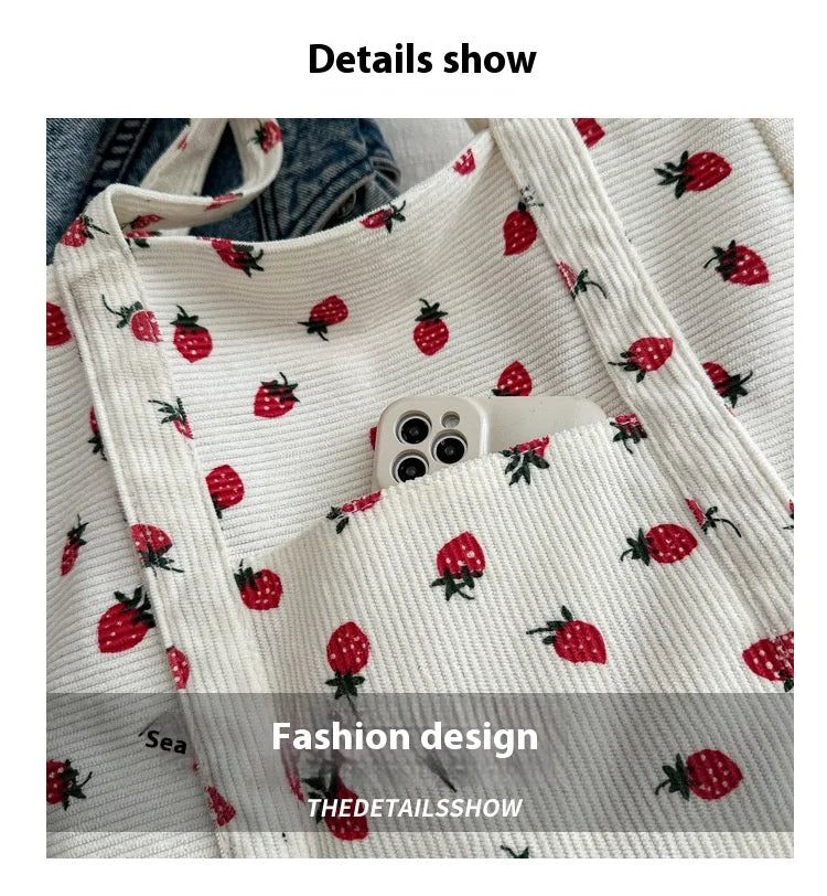 Bolso de pana con diseño de fresas, bolso de playa, moderno y versátil, bolso de hombro de gran capacidad, bolso de mano sencillo para mujer.