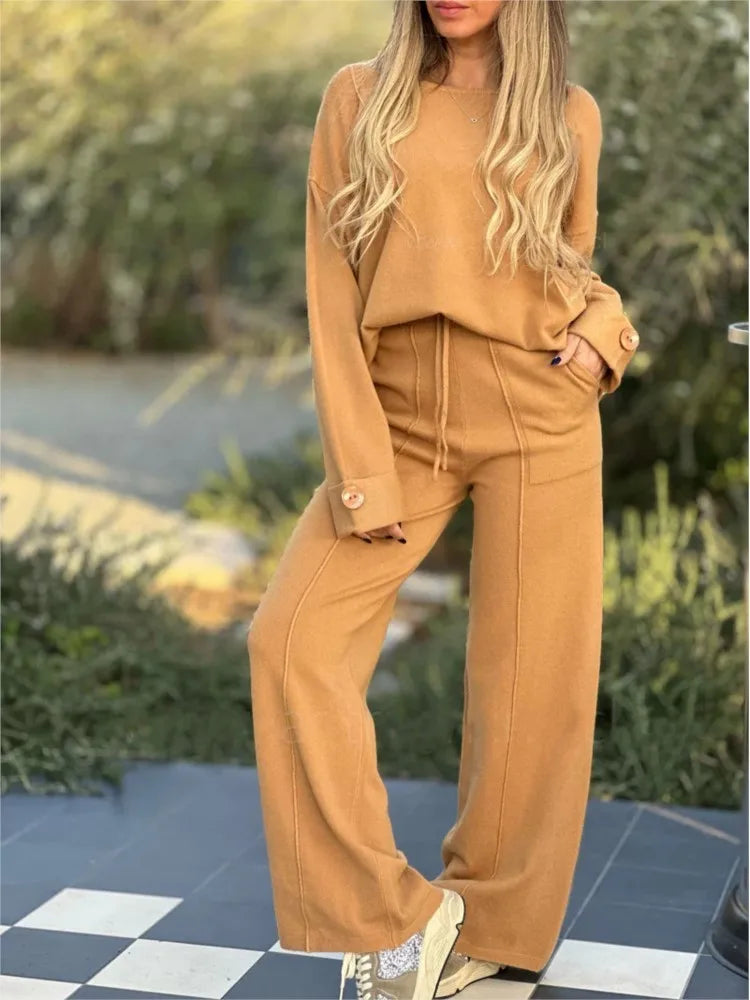 Women's Clothing 2024 Autumn New Fashion Casual Suit Solid Color Long Sleeved Suit Wide Leg Pants Long Pants Two-piece Set