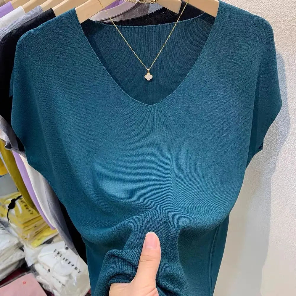 Women Clothing Summer Fashion Simple Short Sleeve Ice Silk Thin Knitted T-shirt Casual Commute Solid V Neck Loose Pullover Tops
