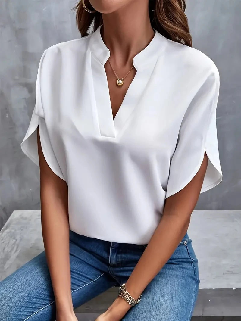 Blusa elegante de gasa lisa para mujer, blusa informal de primavera y verano con cuello en V y manga larga, blusa holgada para oficina, blusas extragrandes 2024