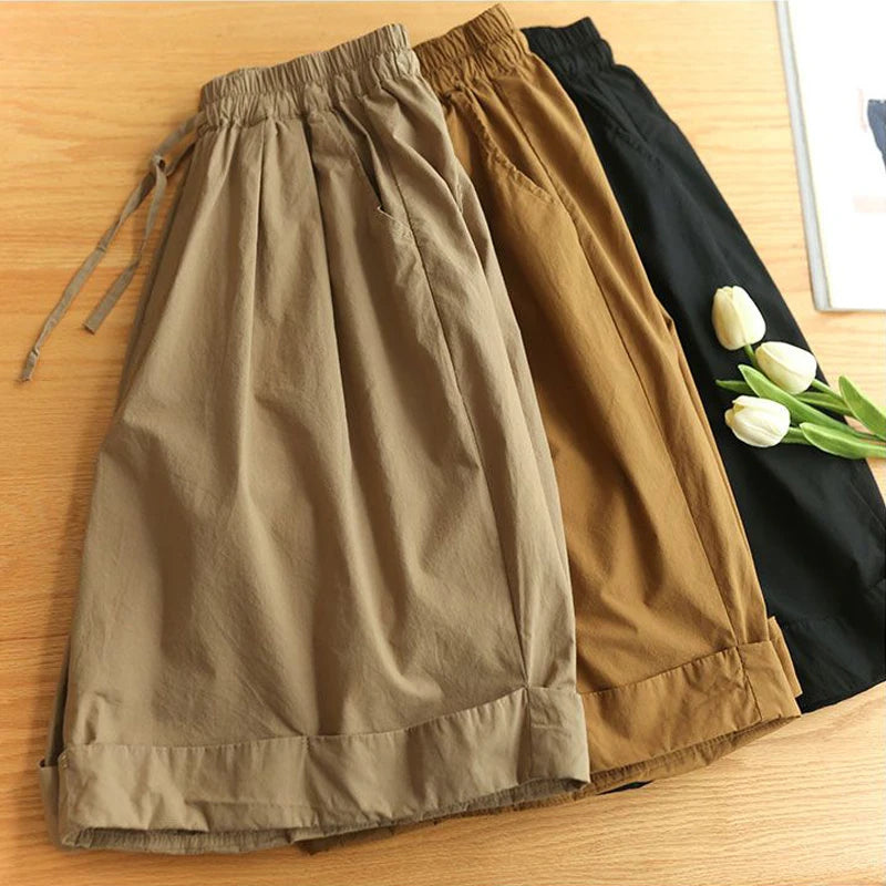 Pantalones cortos de playa sencillos de cintura alta elástica de estilo japonés para mujer, ropa de calle informal, holgados, de pierna ancha y hasta la rodilla